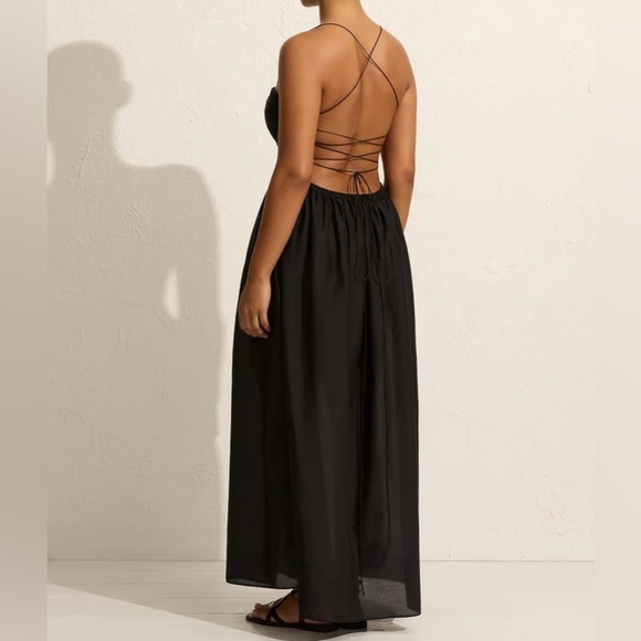Matteau Gathered Lace Up Silk Cotton Maxi Dress Black Size 3 US 6 - Picture 2 of 11